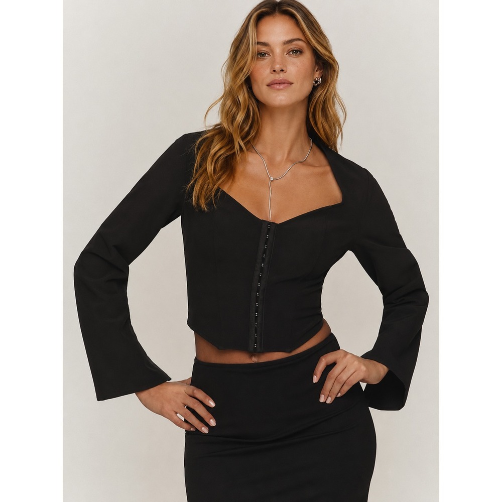 ANTHROPOLOGIE Womens New Top Blouse LARGE Corset Hook Front Open Back Black